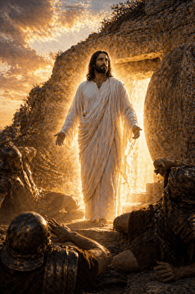 First Glorious Mystery of the Rosary. Jesus Christ rises from the dead in glory on Easter Sunday, conquering sin and death.
