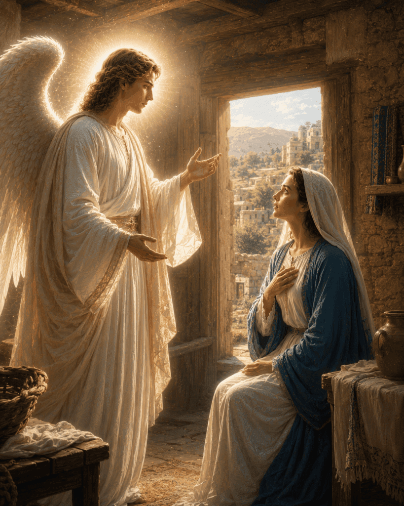 The Angel Gabriel greets the Virgin Mary and proclaims, "Hail, full of grace," announcing God's favor upon her.