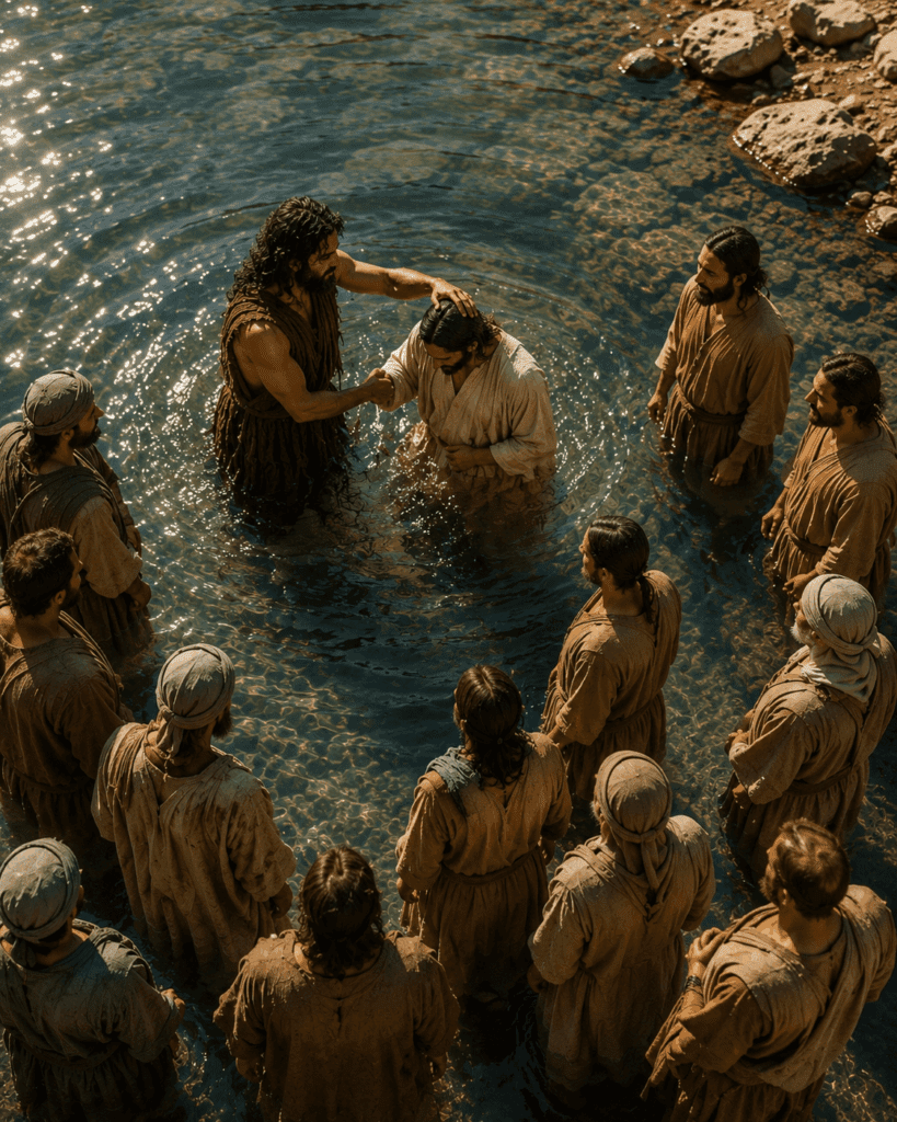 Saint John the Baptist preaching repentance and baptizing people in the Jordan River as crowds gather to hear his message and prepare for the coming Messiah.