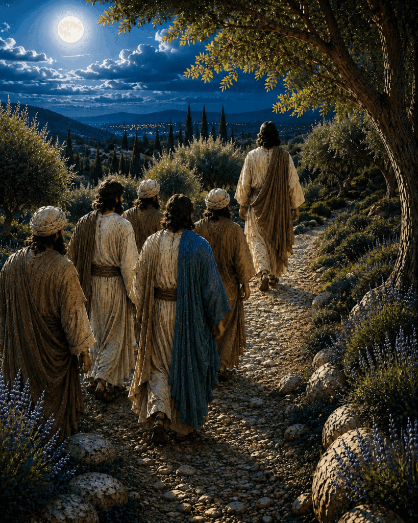 First Sorrowful Mystery of the Rosary. Jesus enters the Garden of Gethsemane with His disciples to pray before His Passion.