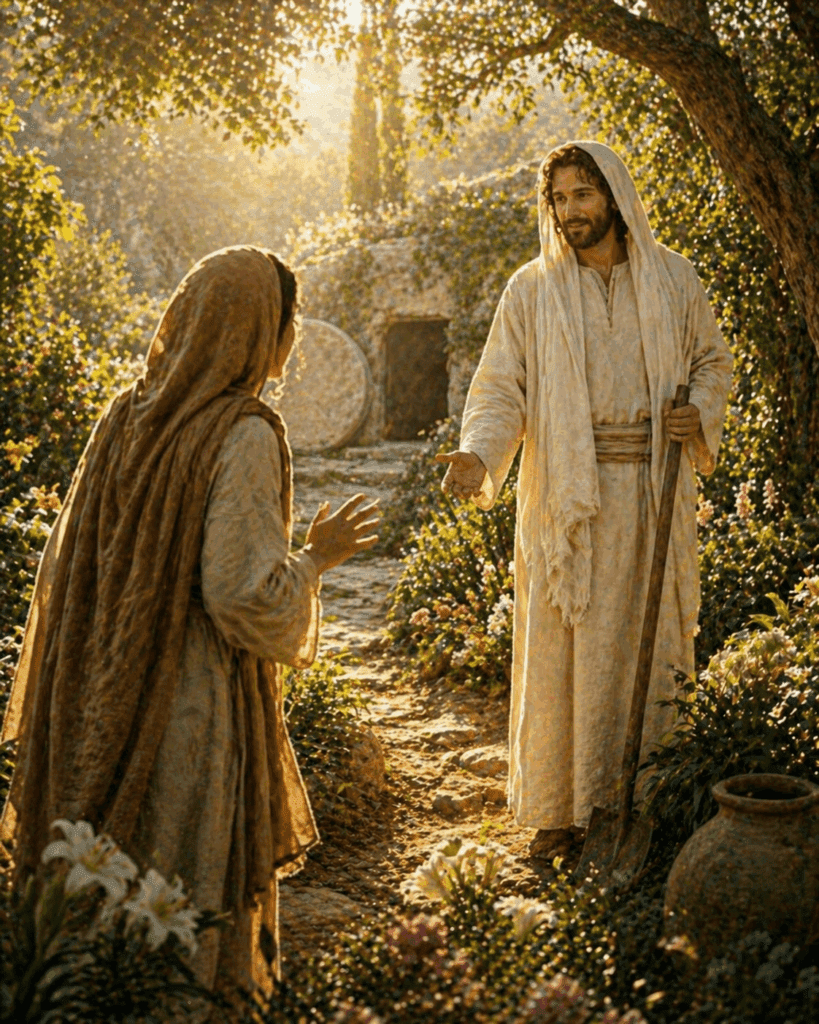 First Glorious Mystery of the Rosary. Mary Magdalene encounters the risen Jesus near the empty tomb and recognizes Him as her Lord.