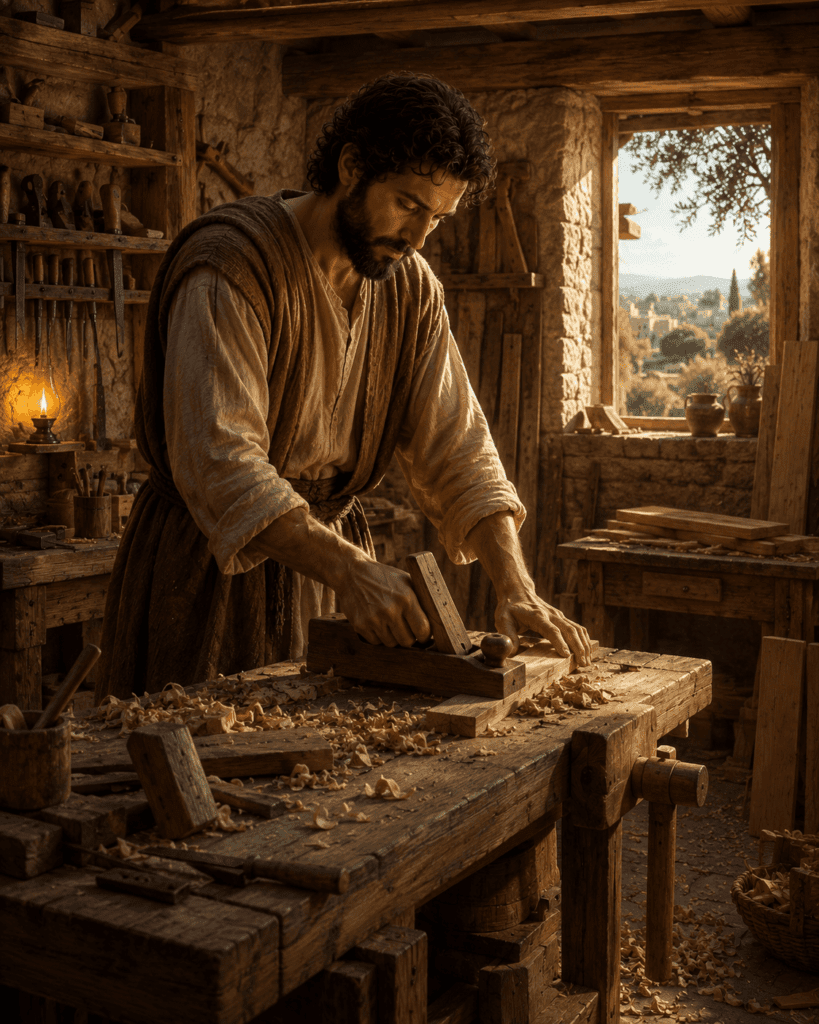 Saint Joseph works as a carpenter in his workshop, faithfully preparing for his future role as the guardian of Jesus and spouse of the Virgin Mary.