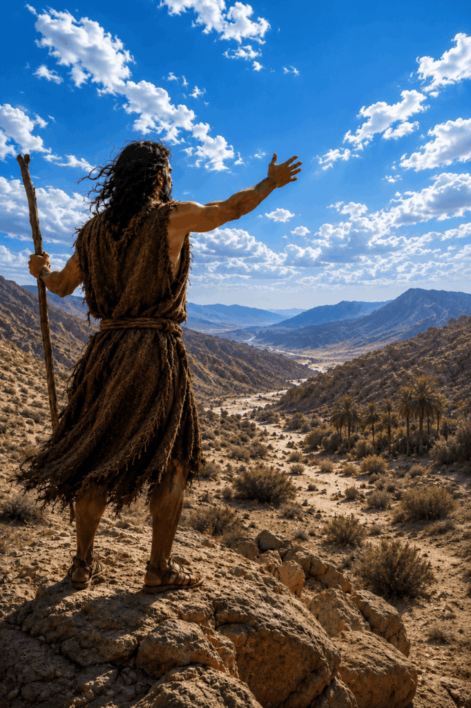Saint John the Baptist standing in the wilderness, preaching to the crowds and proclaiming, ‘I am a voice crying out in the desert: Make straight the way of the Lord,’ as he prepares the people for the coming of Jesus Christ