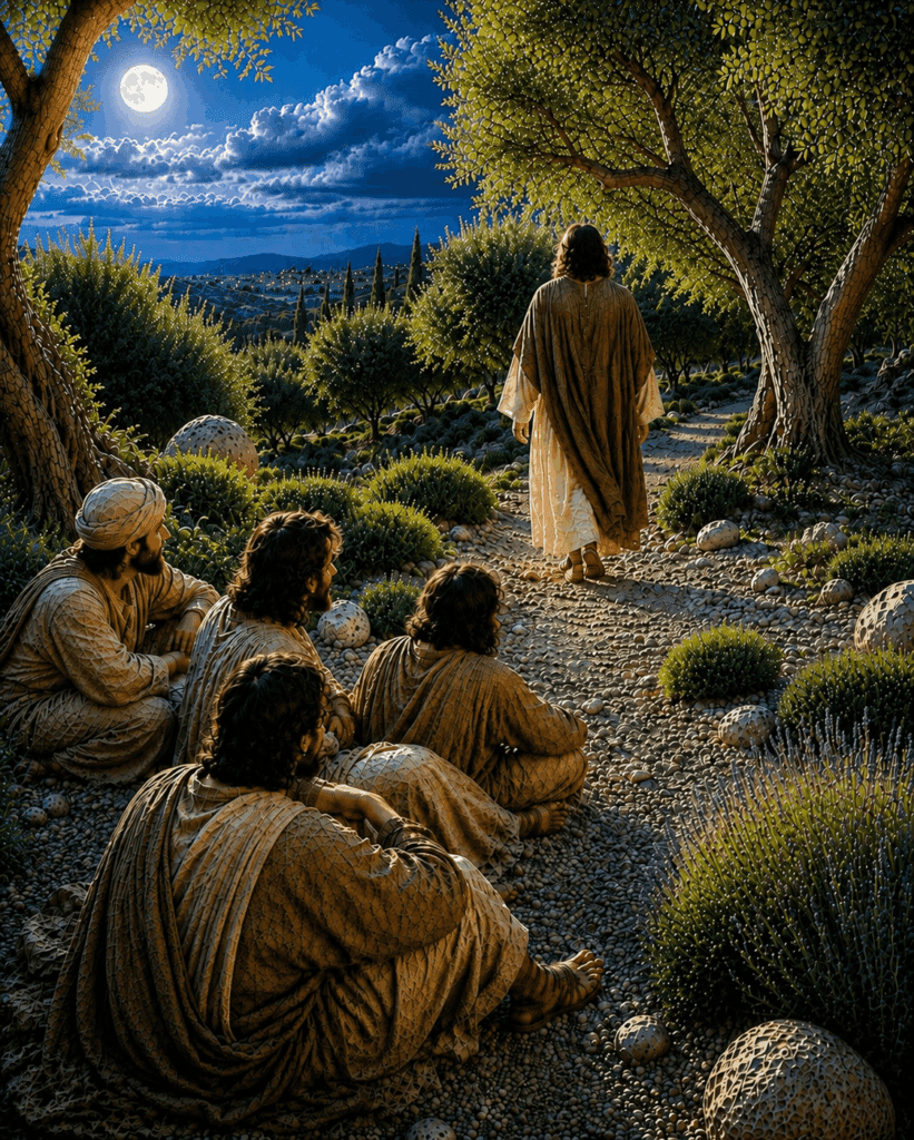 First Sorrowful Mystery of the Rosary. Jesus tells His disciples, ‘Stay here while I go over there and pray, in the Garden of Gethsemane.