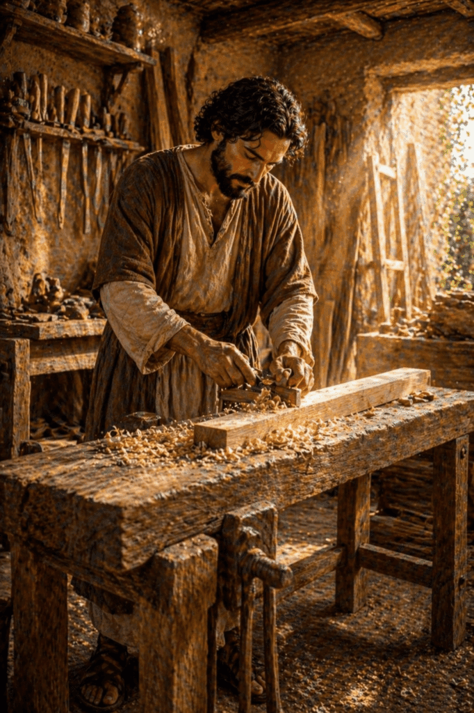 Saint Joseph working with tools on a wooden project in his vintage carpenter shop.