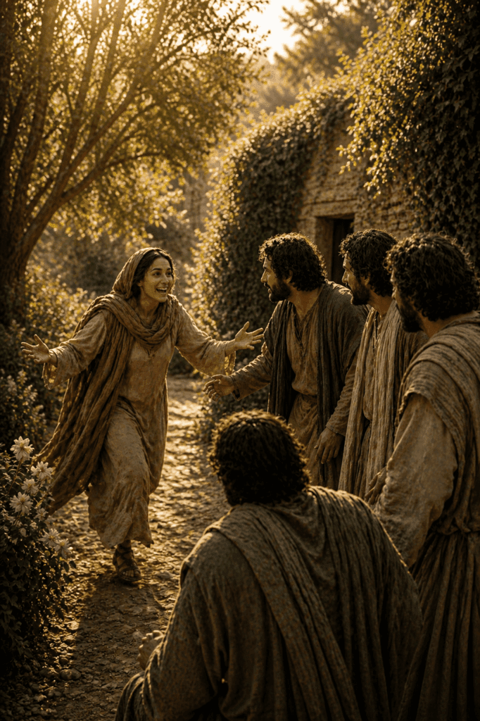 First Glorious Mystery of the Rosary. Mary Magdalene tells the disciples, ‘I have seen the Lord,’ announcing the joyful news of Christ’s Resurrection.