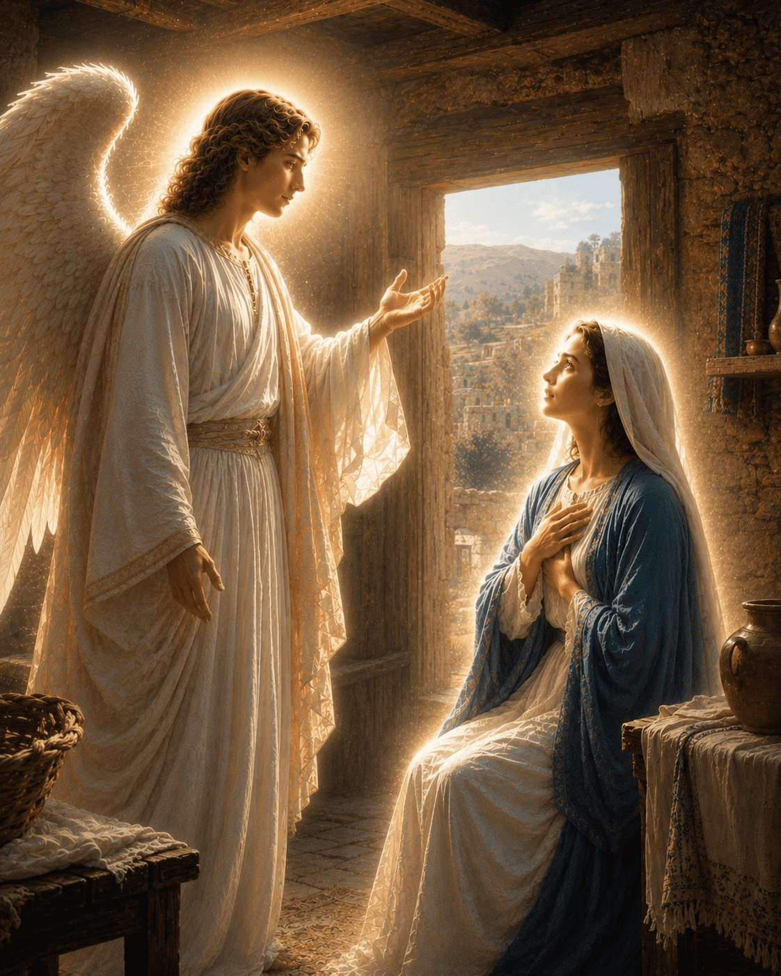 The Angel Gabriel greets the Virgin Mary and proclaims, "Hail, full of grace," announcing God's favor upon her.