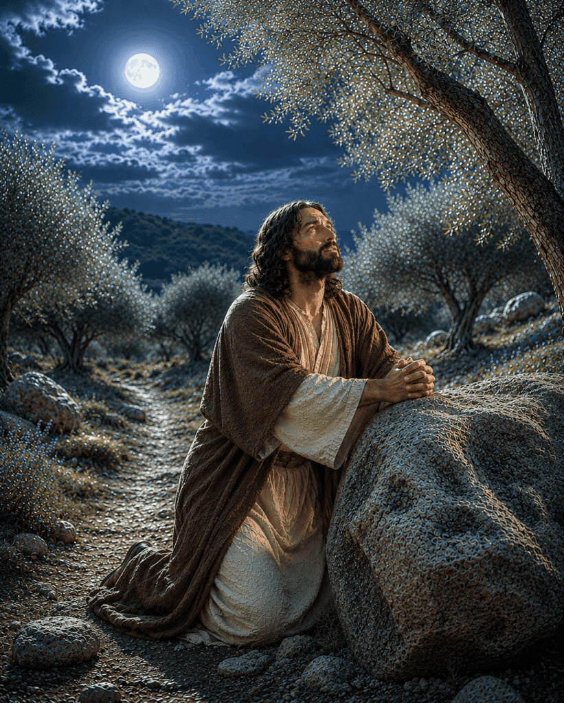 First Sorrowful Mystery of the Rosary. Jesus prays in the Garden of Gethsemane, ‘Father, if You are willing, take this cup away from Me,’ as He prepares to suffer for the salvation of the world.