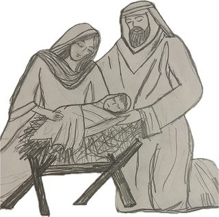 Third Joyful Mystery The Nativity, Mary and Joseph kneel beside the newborn Baby Jesus in the humble stable at Bethlehem.