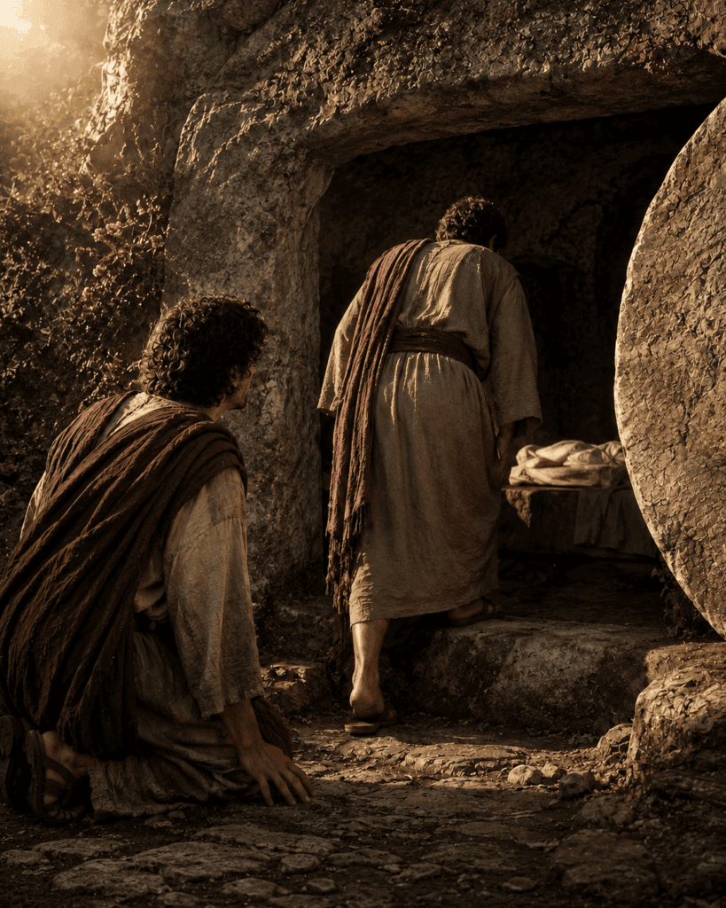 First Glorious Mystery of the Rosary. Peter and John run to the empty tomb after hearing the news of Jesus’ Resurrection.