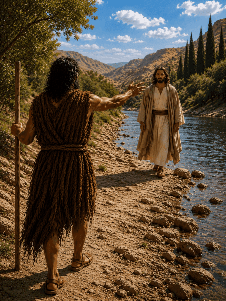 Saint John the Baptist points toward Jesus Christ and declares, ‘Behold the Lamb of God,’ as Jesus approaches along the Jordan River and the people look on in wonder.