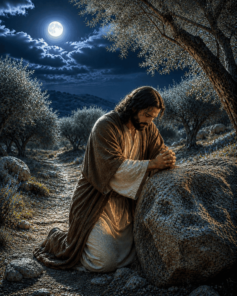 First Sorrowful Mystery of the Rosary. Jesus surrenders Himself to the Father’s plan in the Garden of Gethsemane, praying, ‘Not My will, but Yours be done.