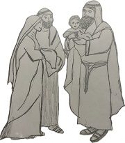 Fourth Joyful Mystery The Presentation, Simeon receives the Infant Jesus in the Temple as Mary and Joseph bring Him before the Lord.