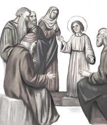 Fifth Joyful Mystery The Finding of Jesus in the Temple, young Jesus speaks with the teachers in the Temple while Mary and Joseph look on.