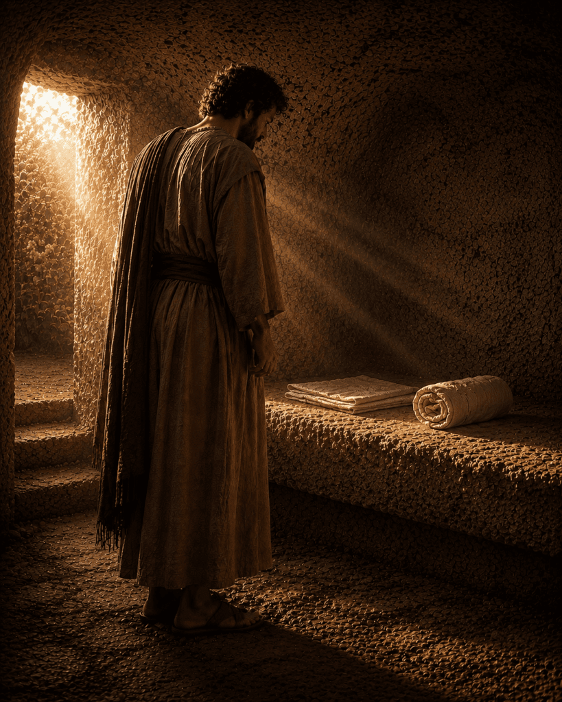 First Glorious Mystery of the Rosary. Peter enters the empty tomb and examines the burial cloths left behind after the Resurrection of Jesus.