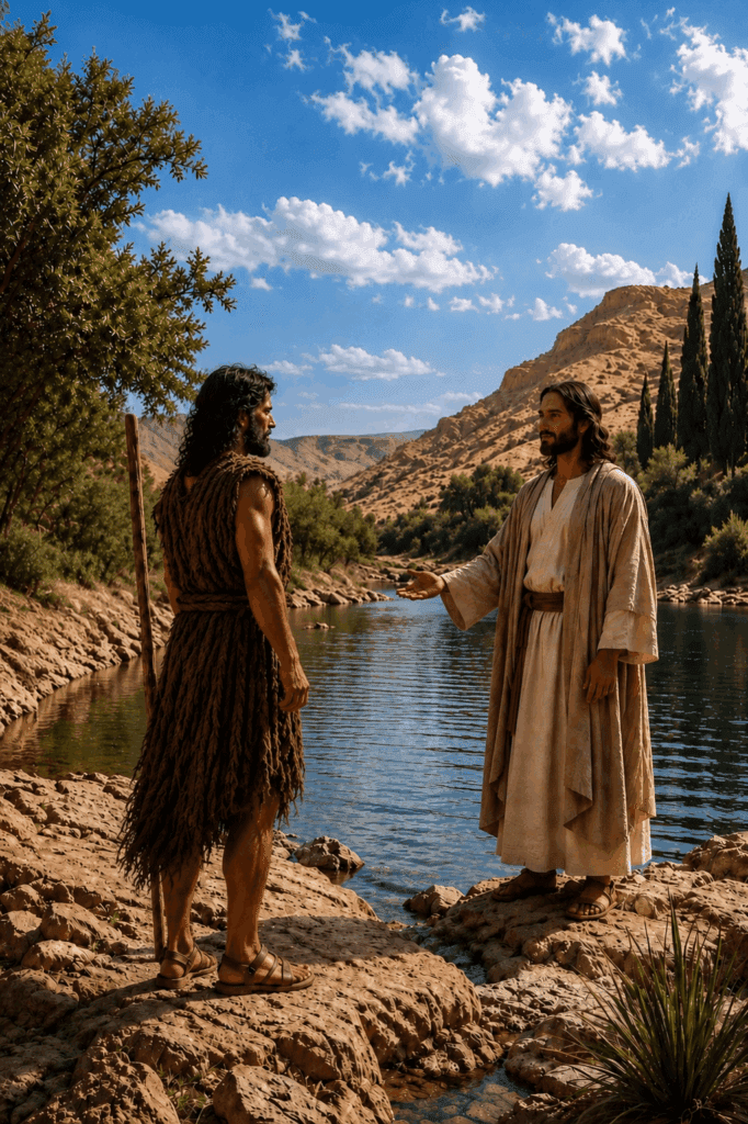 Jesus Christ approaches Saint John the Baptist at the Jordan River to be baptized, beginning His public ministry as people gather along the riverbank.