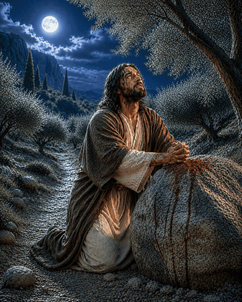 First Sorrowful Mystery of the Rosary. In the Garden of Gethsemane, Jesus’ sweat becomes like great drops of blood as He endures the agony of accepting His Passion.