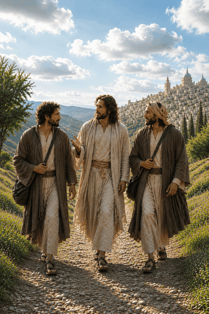 First Glorious Mystery of the Rosary. The risen Jesus walks with two disciples on the road to Emmaus, though they do not yet recognize Him.