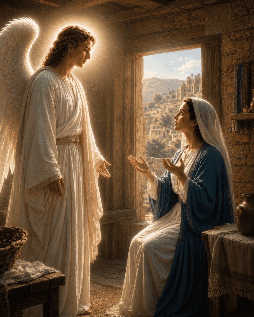 The Virgin Mary asks the Angel Gabriel how she will bear a son since she has no relations with a man and remains a virgin.