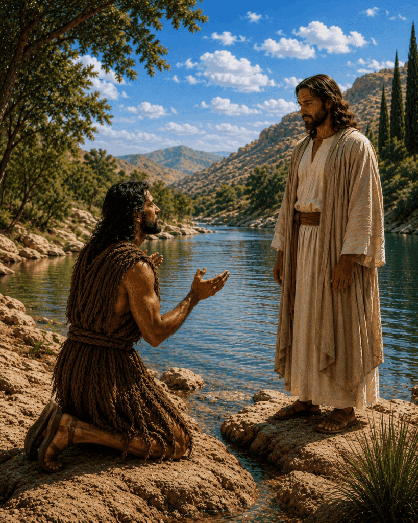 Saint John the Baptist tells Jesus Christ at the Jordan River, ‘I am not worthy to baptize You,’ before Jesus receives baptism and begins His public ministry.