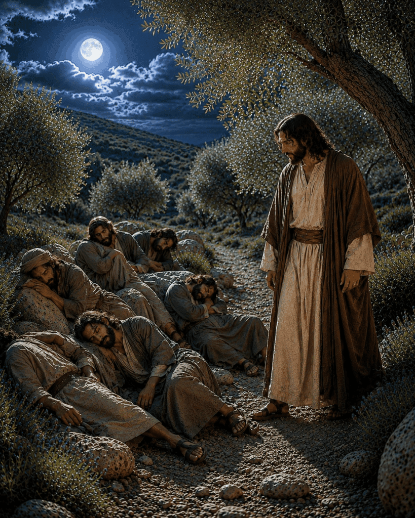 First Sorrowful Mystery of the Rosary. Jesus returns from prayer in the Garden of Gethsemane and finds His disciples sleeping instead of keeping watch with Him.