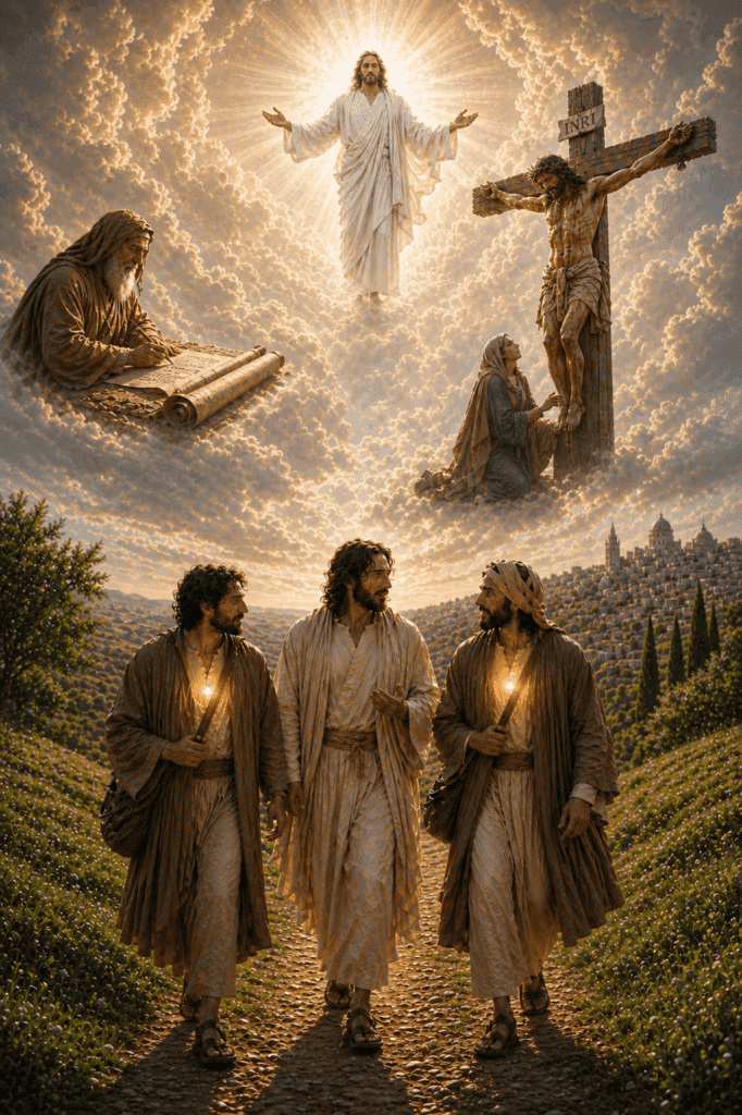 First Glorious Mystery of the Rosary. As the risen Jesus explains the Scriptures on the road to Emmaus, the hearts of the disciples burn within them with faith and joy.