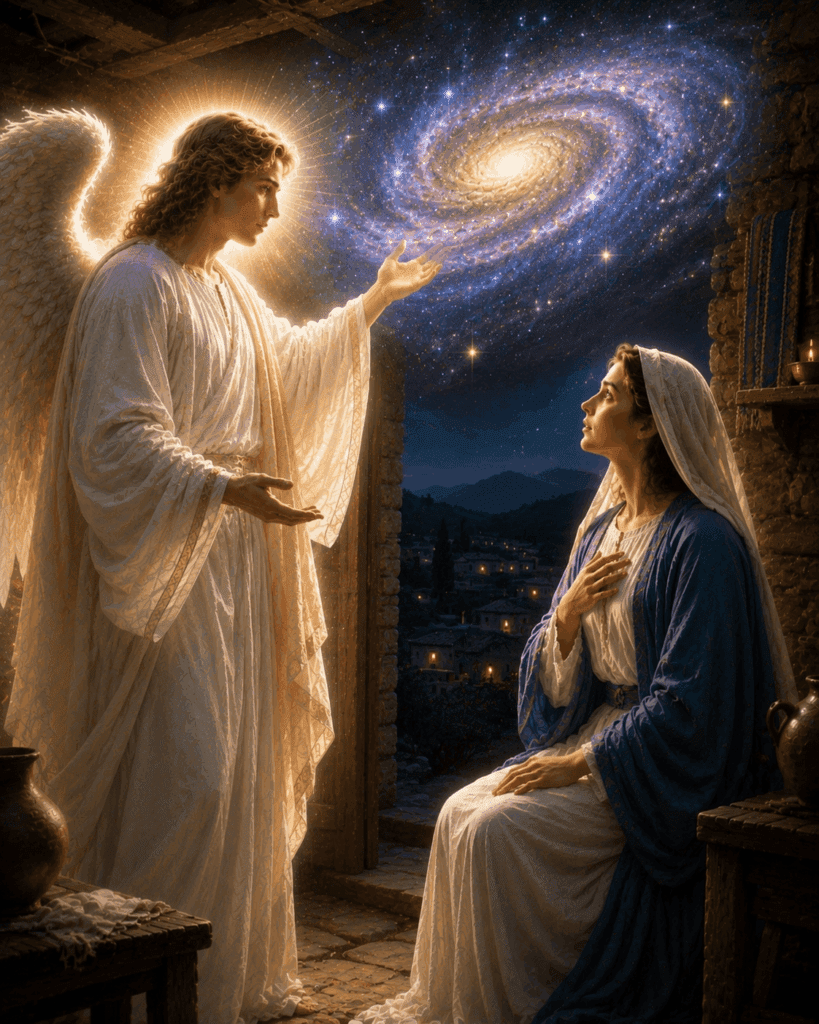 The Angel Gabriel shows Mary the vast galaxies of creation and assures her that nothing will be impossible for God.