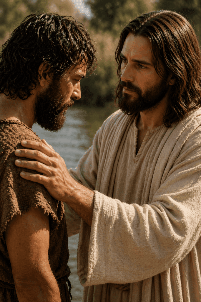 Jesus Christ tells Saint John the Baptist, ‘Allow it now to fulfill all righteousness,’ before receiving baptism in the Jordan River.