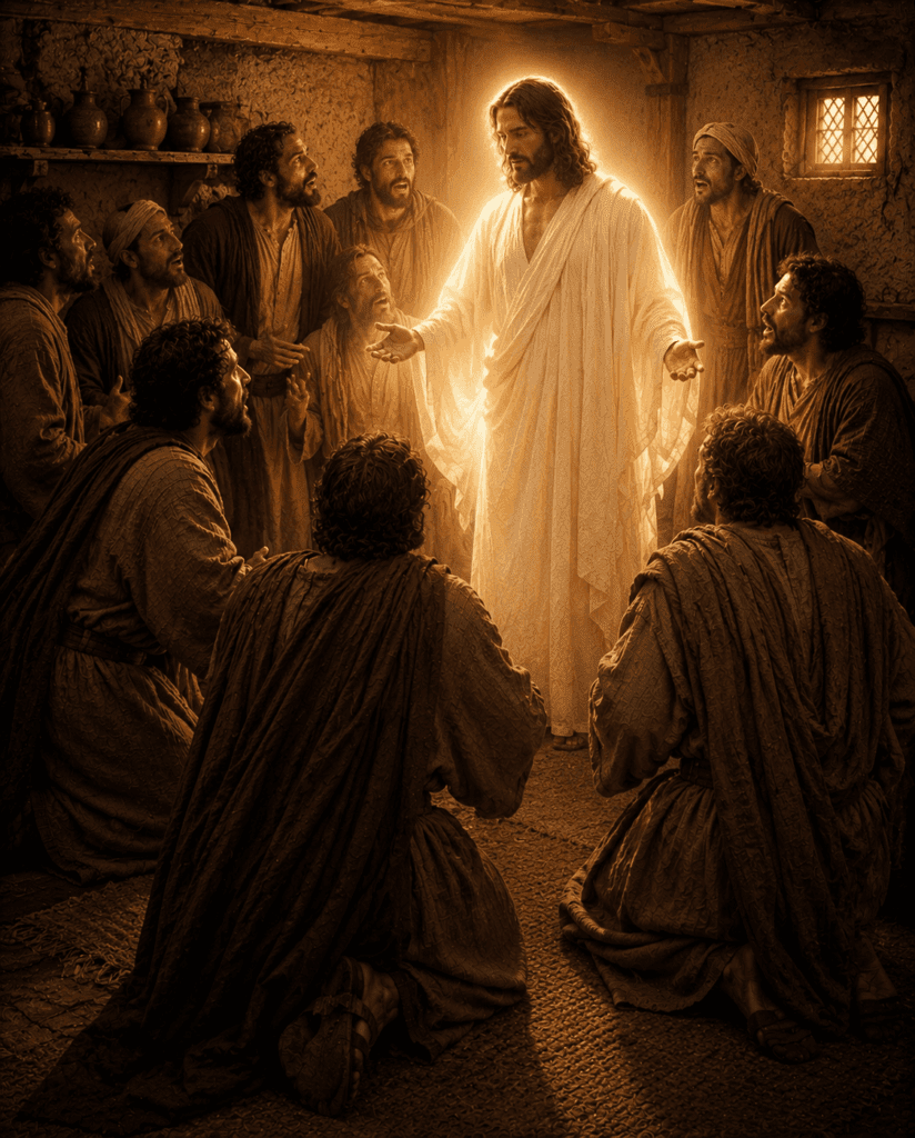 First Glorious Mystery of the Rosary. The risen Jesus appears to His disciples behind locked doors, bringing them peace and confirming His Resurrection.