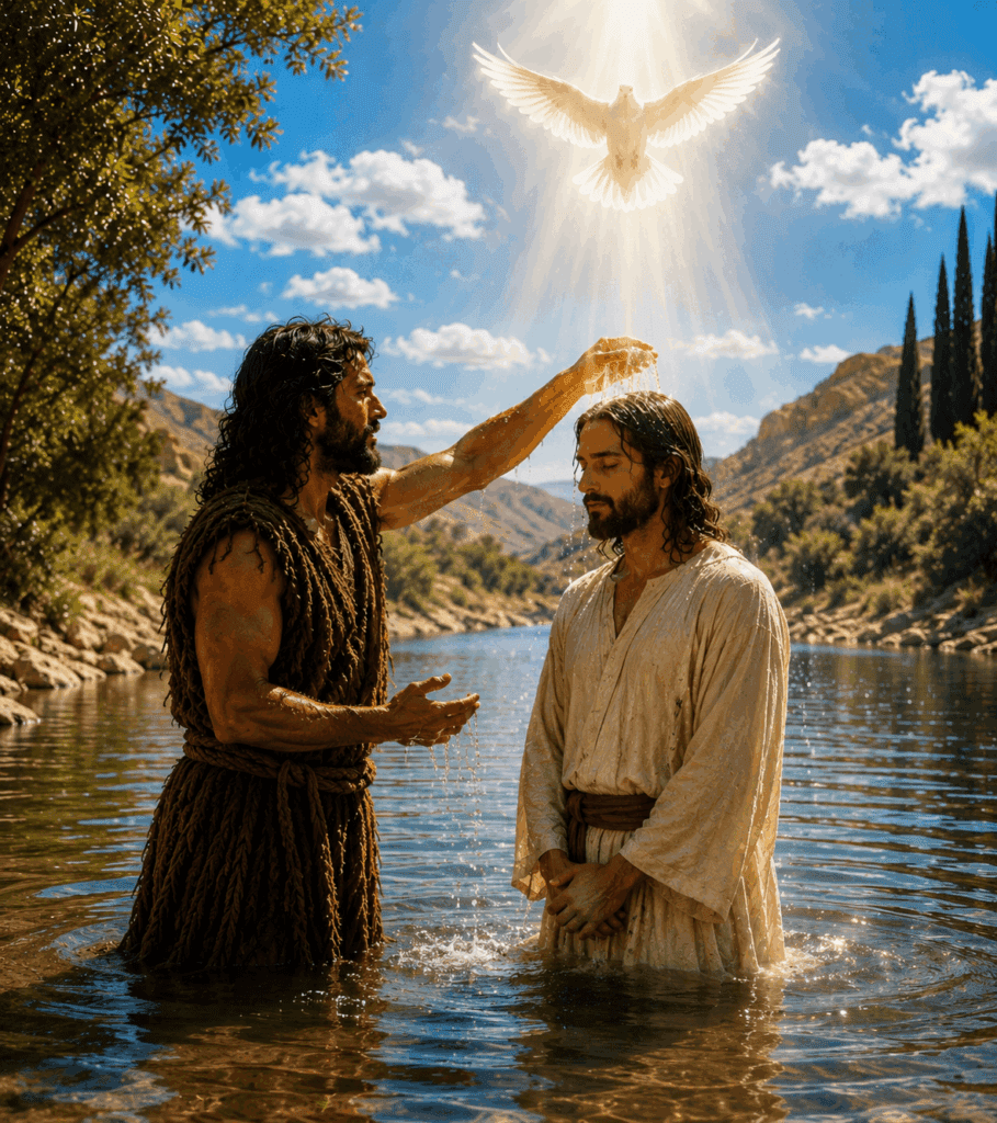 The Holy Spirit descends upon Jesus Christ in the form of a dove during His baptism in the Jordan River as Saint John the Baptist looks on.