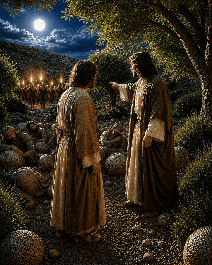 First Sorrowful Mystery of the Rosary. Jesus awakens His disciples and says, ‘My betrayer is at hand,’ as Judas and the soldiers approach in the Garden of Gethsemane.