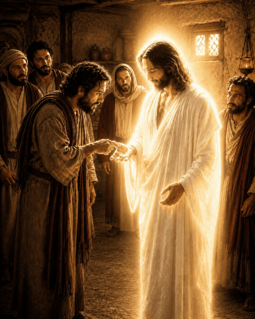 First Glorious Mystery of the Rosary. To overcome his doubts, Thomas examines the wounds of the risen Jesus and comes to believe in His Resurrection.