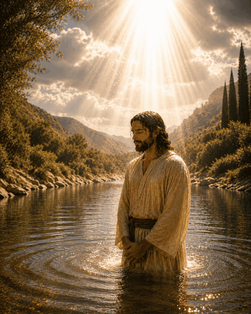 A voice from heaven proclaims, ‘This is My beloved Son,’ as Jesus Christ is baptized in the Jordan River and the Holy Spirit descends upon Him.