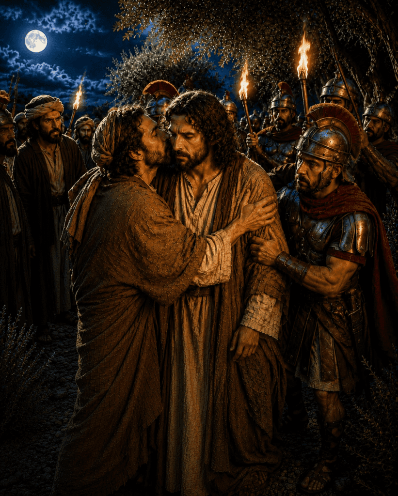 First Sorrowful Mystery of the Rosary. Judas betrays Jesus with a kiss in the Garden of Gethsemane, identifying Him to the soldiers.