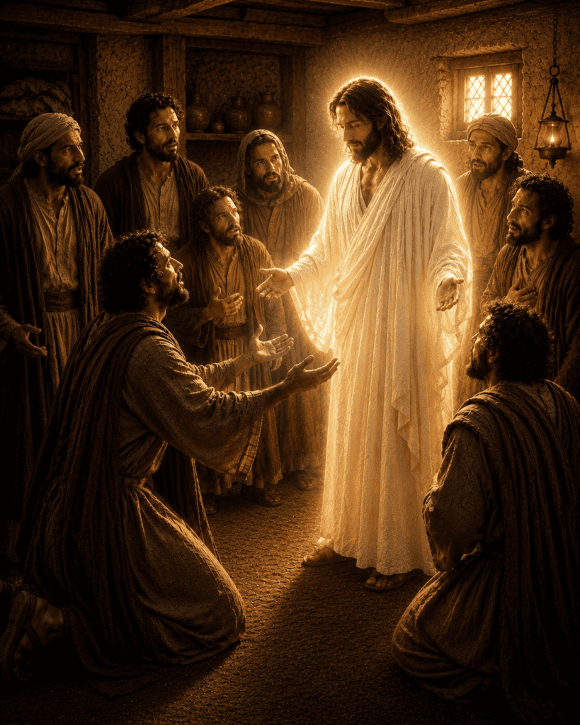 First Glorious Mystery of the Rosary. Thomas falls to his knees in awe before the risen Jesus and proclaims, ‘My Lord and my God.