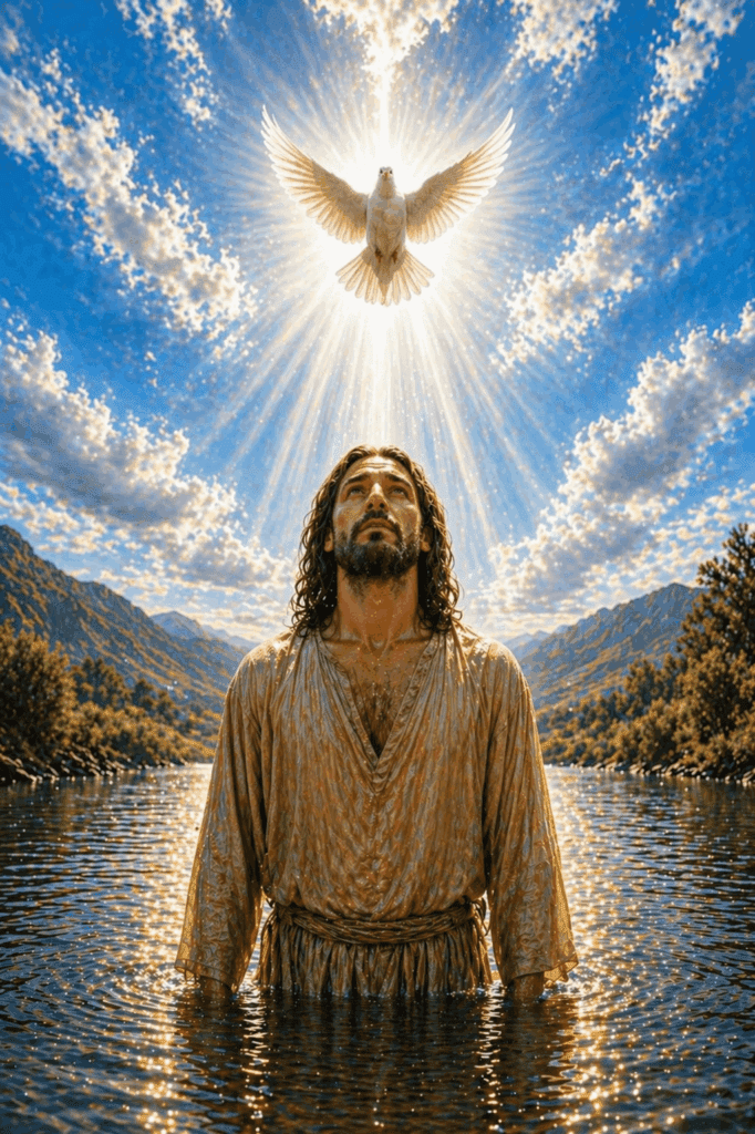 A voice from heaven declares, ‘This is My beloved Son, with whom I am well pleased; listen to Him,’ as Jesus Christ stands at the Jordan River following His baptism.