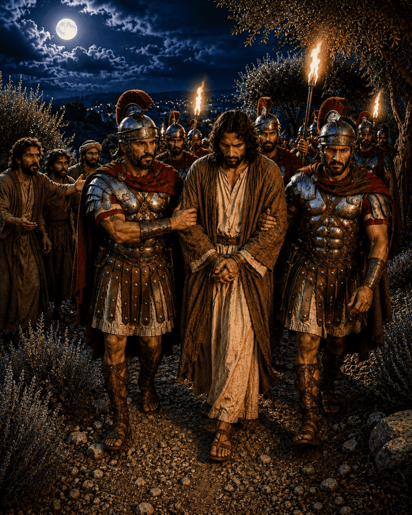 First Sorrowful Mystery of the Rosary. The soldiers arrest Jesus in the Garden of Gethsemane and lead Him away to face His Passion.
