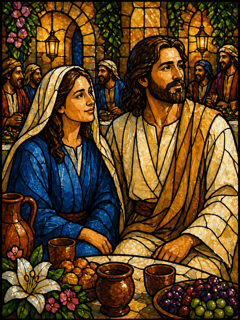 Jesus Christ and the Blessed Virgin Mary attend the wedding feast at Cana, joining the wedding guests as the celebration begins