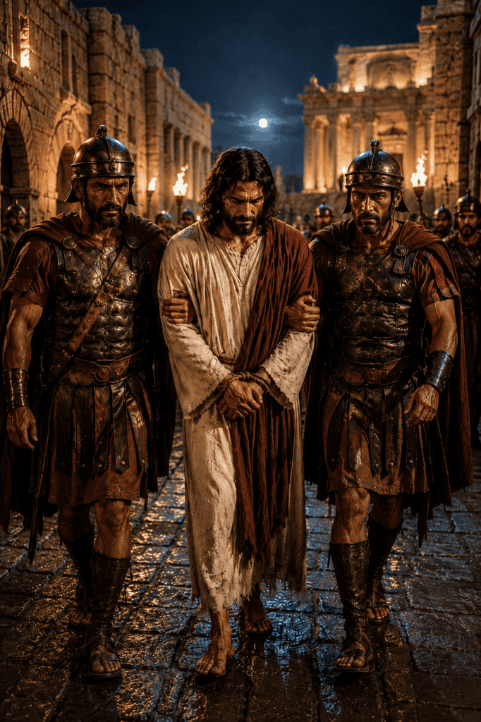 Second Sorrowful Mystery of the Rosary. Jesus is led before the Sanhedrin for trial as the religious leaders question and condemn Him.