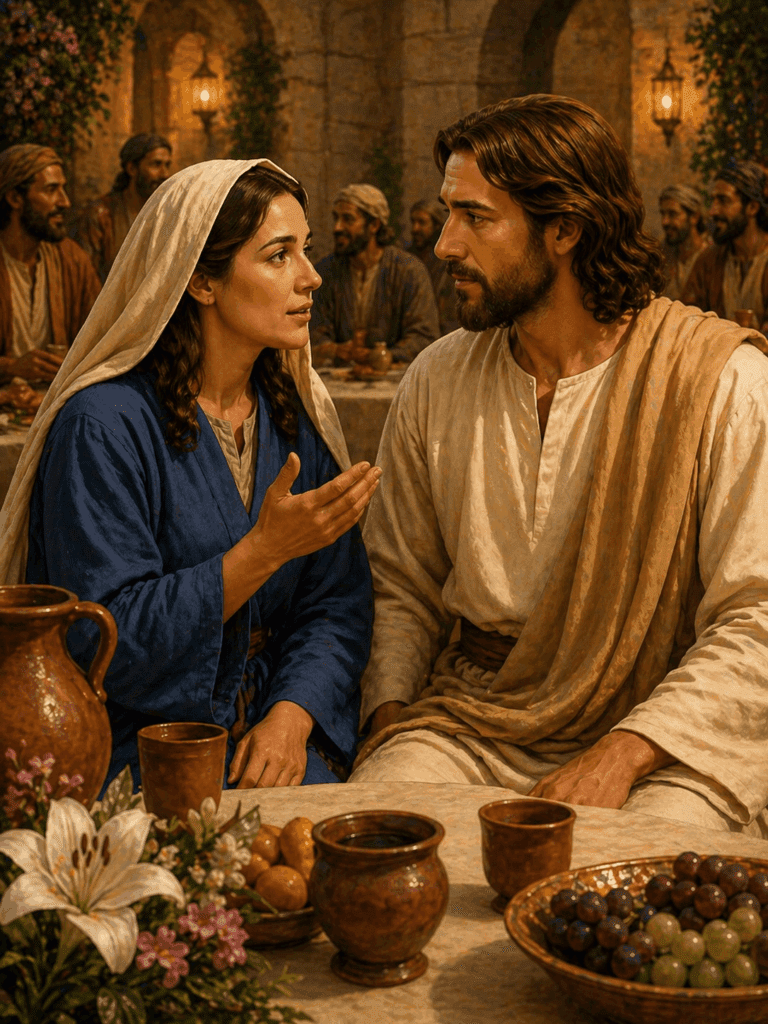 Second Luminous Mystery of the Rosary. Mary tells Jesus that the wedding guests have no wine at the wedding feast in Cana.