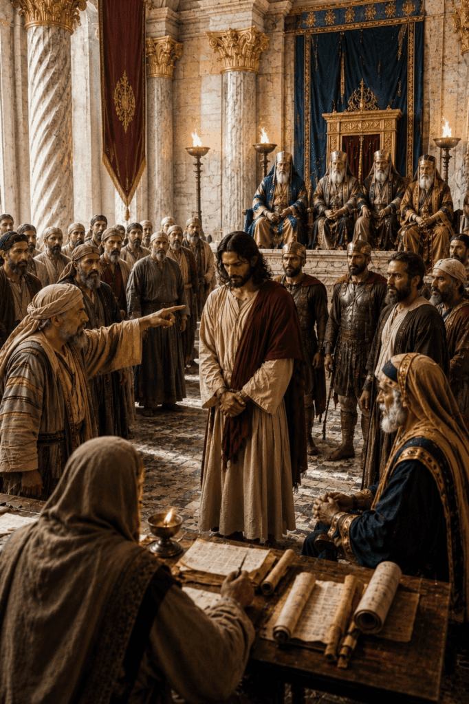Second Sorrowful Mystery of the Rosary. False witnesses give testimony against Jesus before the Sanhedrin as His unjust trial continues.