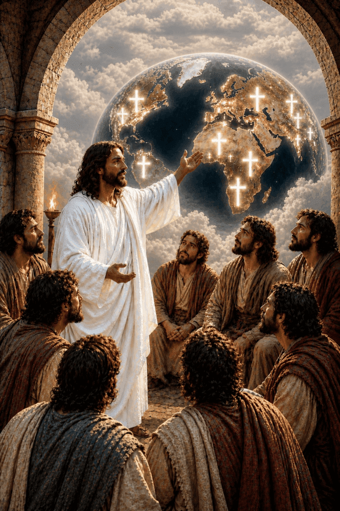 Second Glorious Mystery of the Rosary. Jesus commissions His disciples, saying, ‘Go and make disciples of all nations,’ sending them to proclaim the Gospel throughout the world.