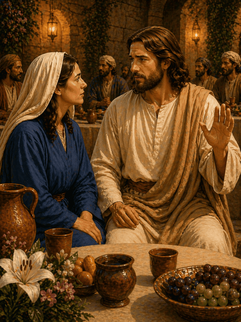 Second Luminous Mystery of the Rosary. Jesus responds to Mary at the wedding feast in Cana, saying, ‘My hour has not yet come.