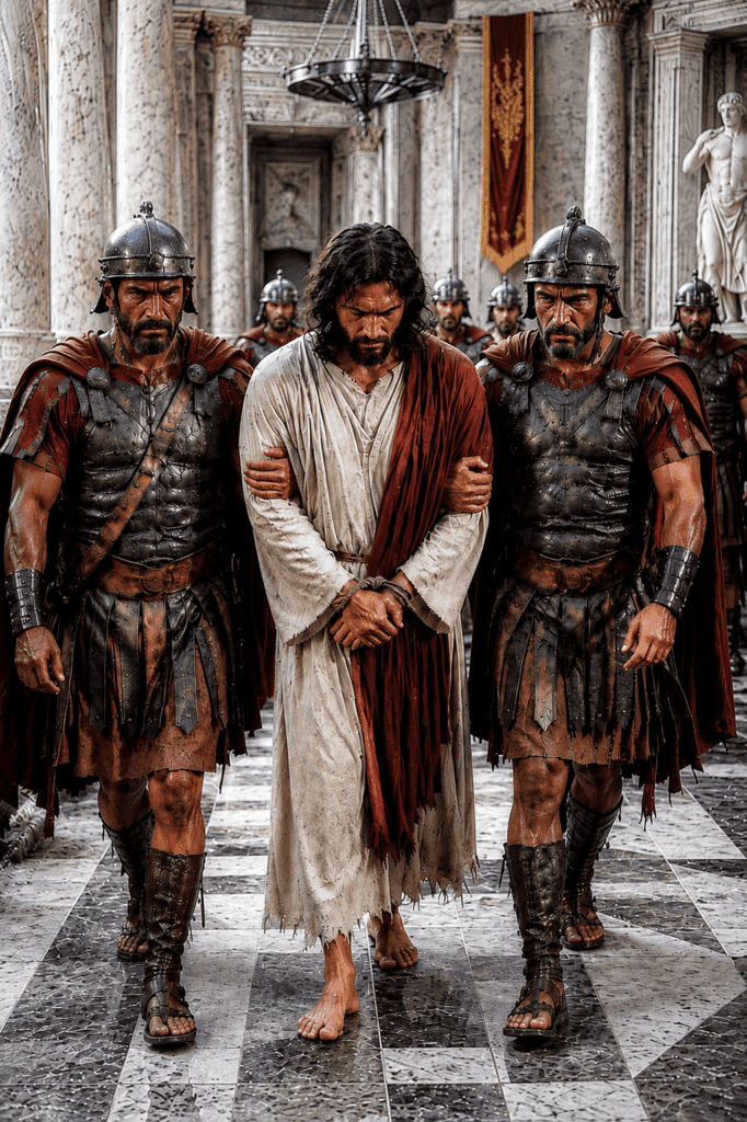 Second Sorrowful Mystery of the Rosary. Jesus is led before Pilate for questioning as the Roman governor examines the charges brought against Him.