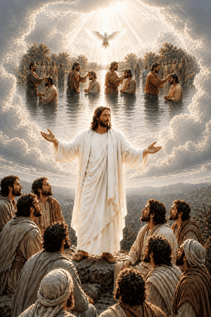 Second Glorious Mystery of the Rosary. Jesus commands His disciples to preach the Gospel and baptize all nations in the name of the Father, and of the Son, and of the Holy Spirit.