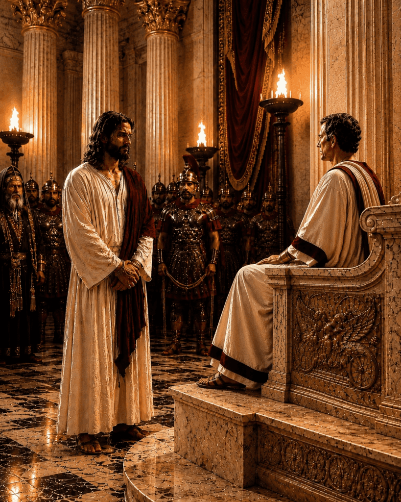 Second Sorrowful Mystery of the Rosary. Pilate finds no guilt in Jesus and declares that He has done nothing deserving of death.