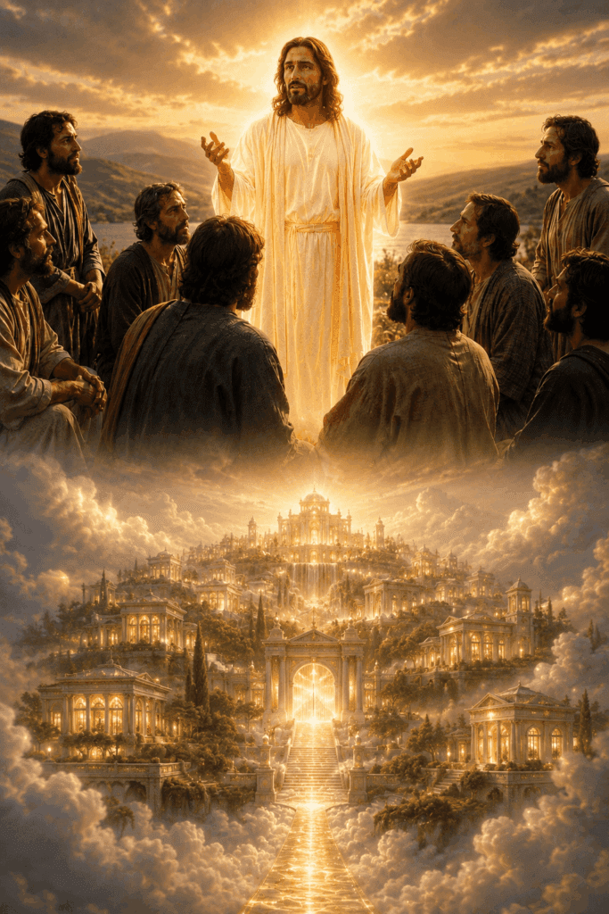 Second Glorious Mystery of the Rosary. Jesus assures His disciples, ‘In My Father’s house are many mansions. I go to prepare a place for you,’ giving hope of eternal life in Heaven.