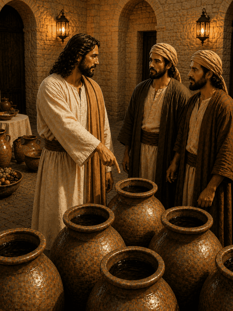 Second Luminous Mystery of the Rosary. Jesus tells the servants at the wedding feast in Cana to fill the water jars with water.”