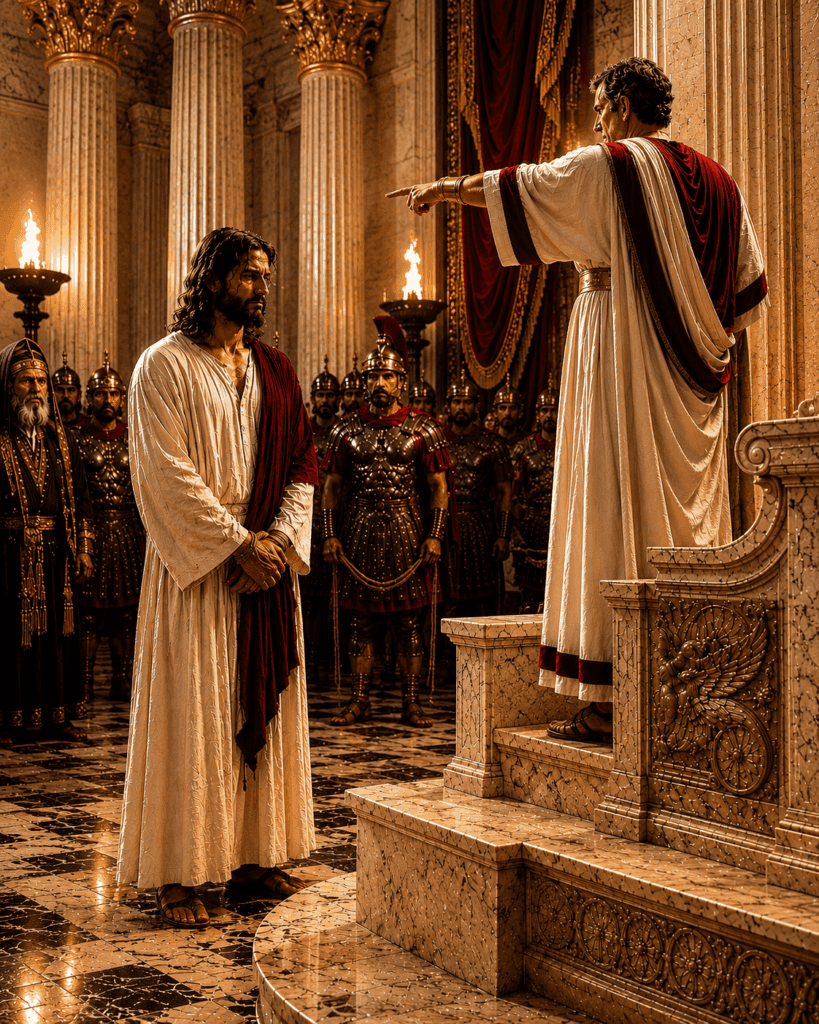 Second Sorrowful Mystery of the Rosary. Pilate orders that Jesus be scourged, beginning the brutal suffering that He endures for the salvation of the world.