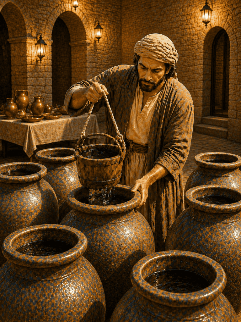 Second Luminous Mystery of the Rosary. Jesus tells the servants to draw some out from the jars and take it to the headwaiter at the wedding feast in Cana.